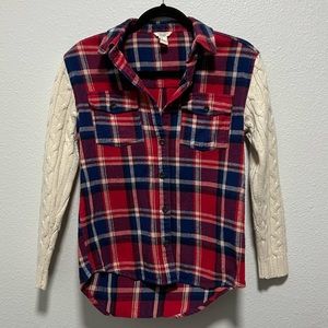 Forever 21 Cream Red Blue Plaid Cable Knit Flannel Size Small